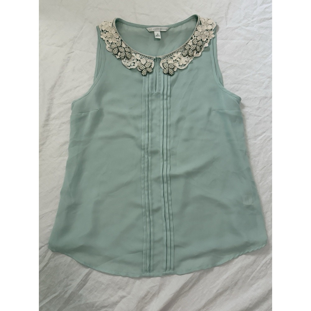 LC Lauren Conrad Womens Tops M green Sheer Sleeveless Ivory lace Collar W/pearls